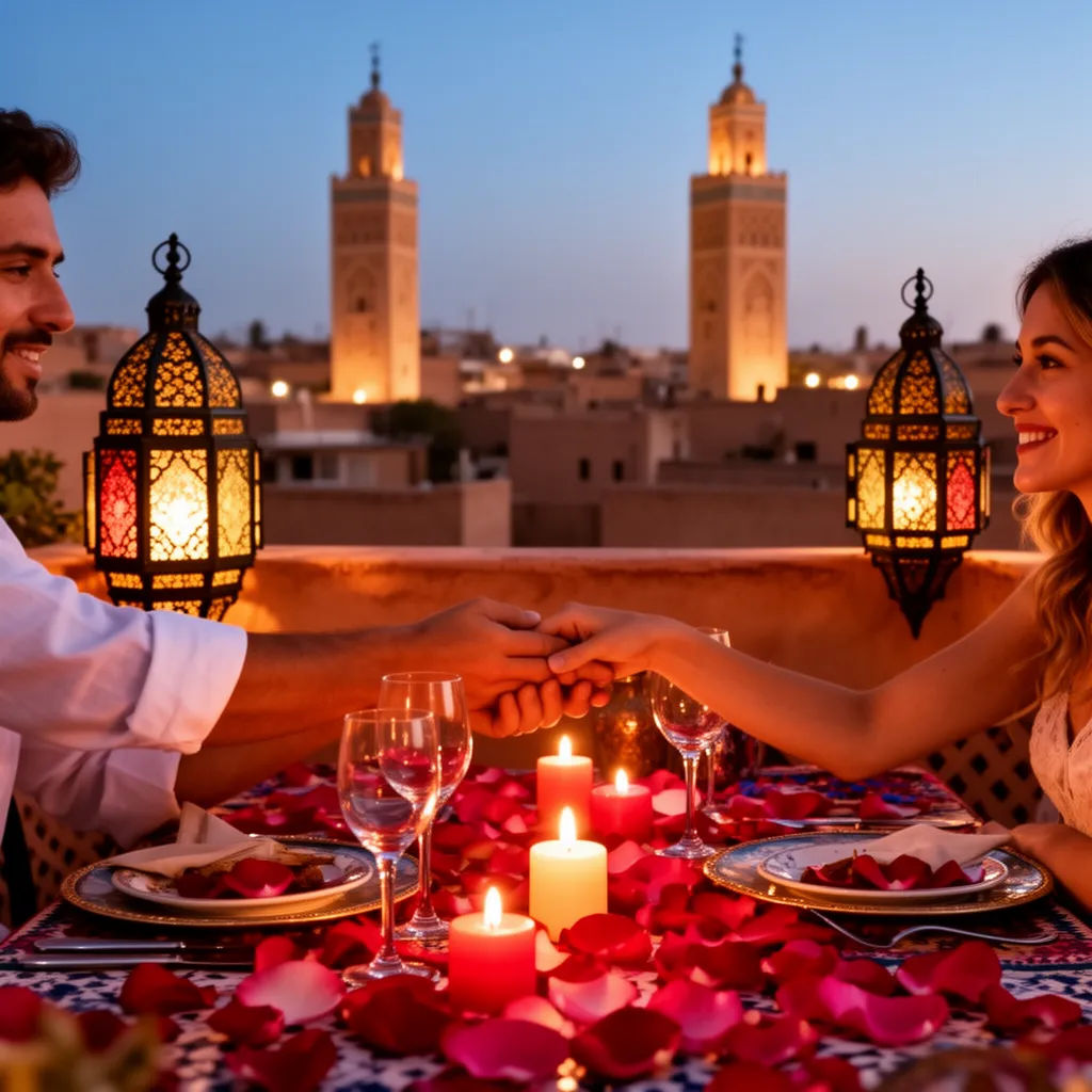 Romantic candlelit dinner on a private riad terrace, perfect for couples seeking a memorable Moroccan honeymoon