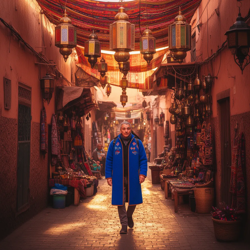 Affordable Marrakech travel: exploring the vibrant Medina souk alleyways with colorful textiles and lanterns, a budget-friendly Moroccan experience in the heart of the city