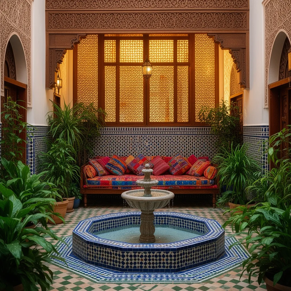 Cheap hotels in Marrakech budget riad: interior courtyard with fountain and zellige tiles, affordable accommodation in the Medina for travelers exploring Marrakech on a budget