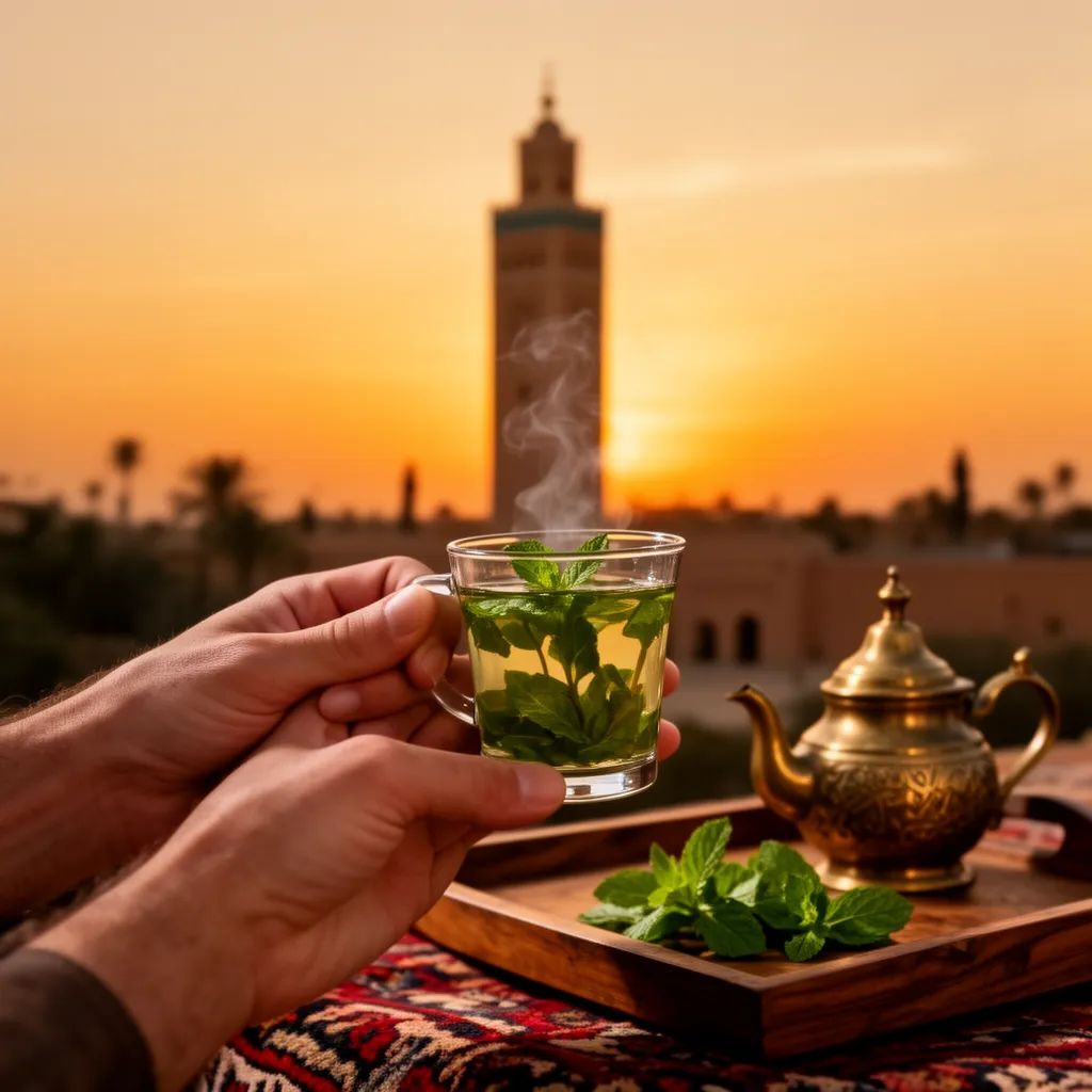 Marrakech budget travel inspiration: mint tea glass foreground with Koutoubia Mosque sunset, affordable authentic Moroccan moment for planning a trip to Marrakech
