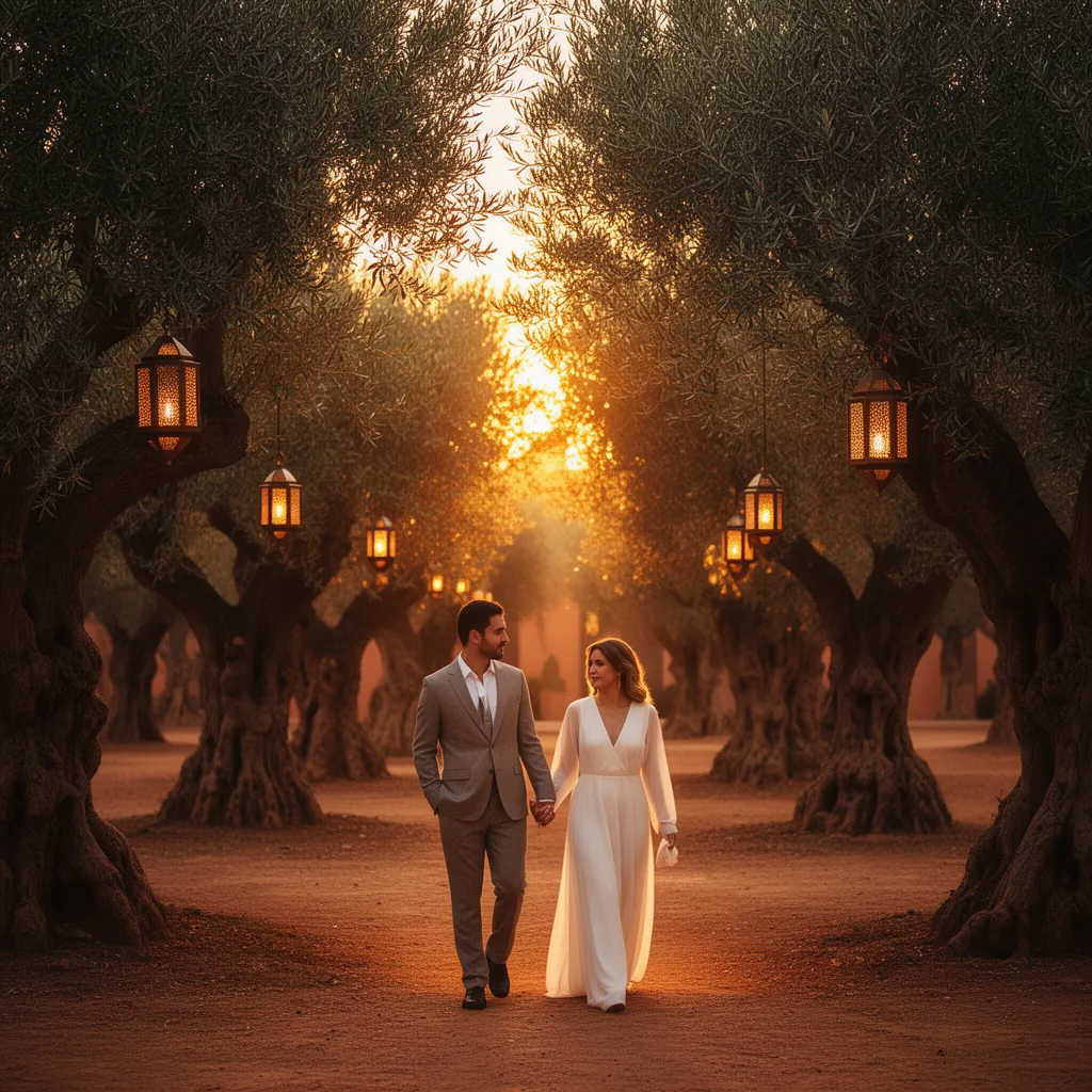 Couple walking through historic olive grove at La Mamounia Marrakech at sunset