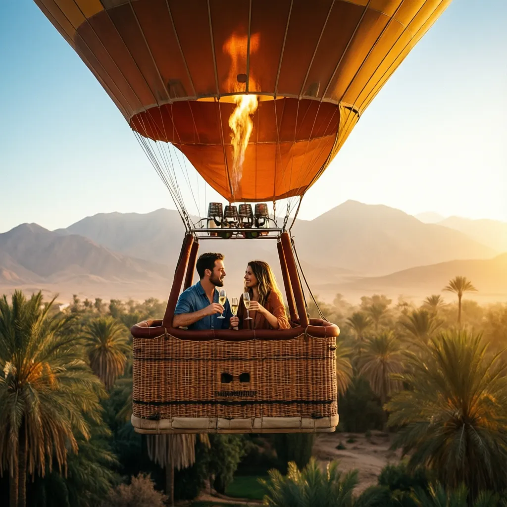 Hot air balloon ride over Palmeraie Marrakech with Atlas Mountains sunrise