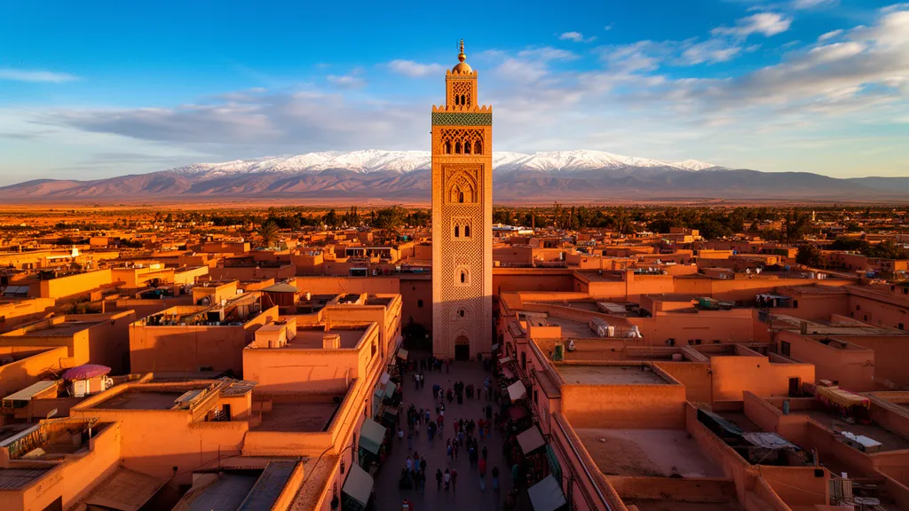 Flights to Marrakesh land near the medina with Koutoubia Mosque minaret and Atlas Mountains background