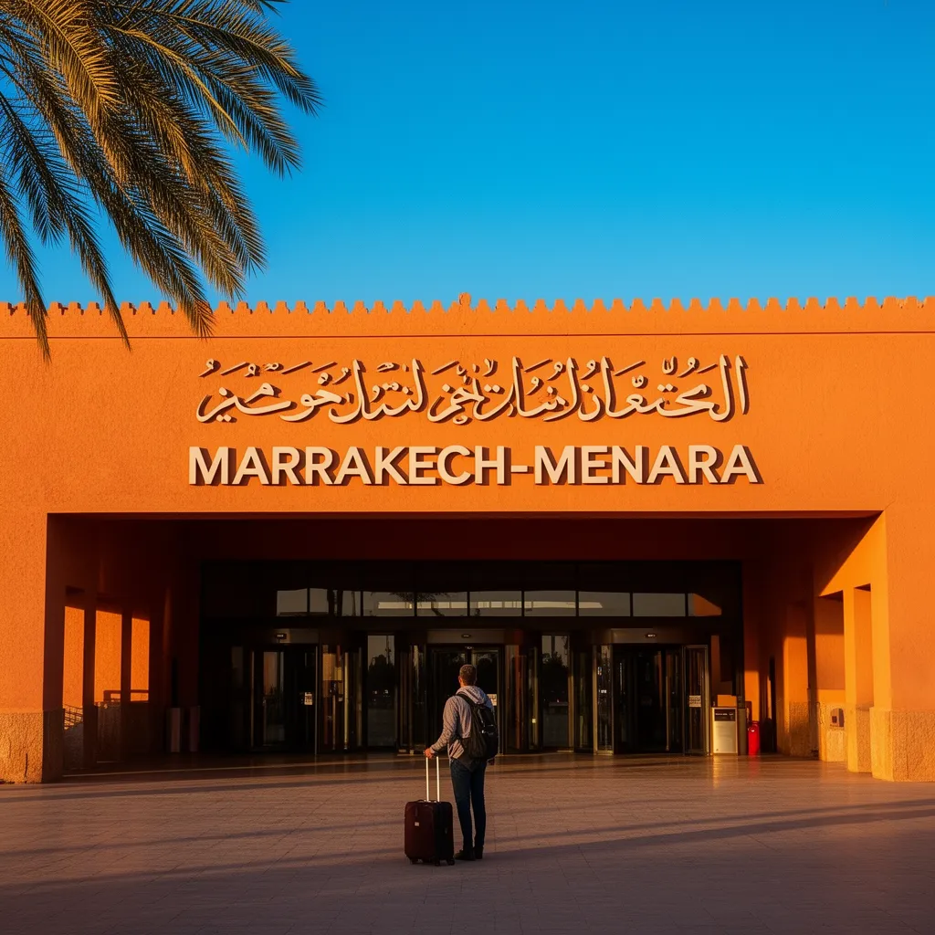 Marrakech Menara Airport entrance sign with RAK code and palm trees at golden hour