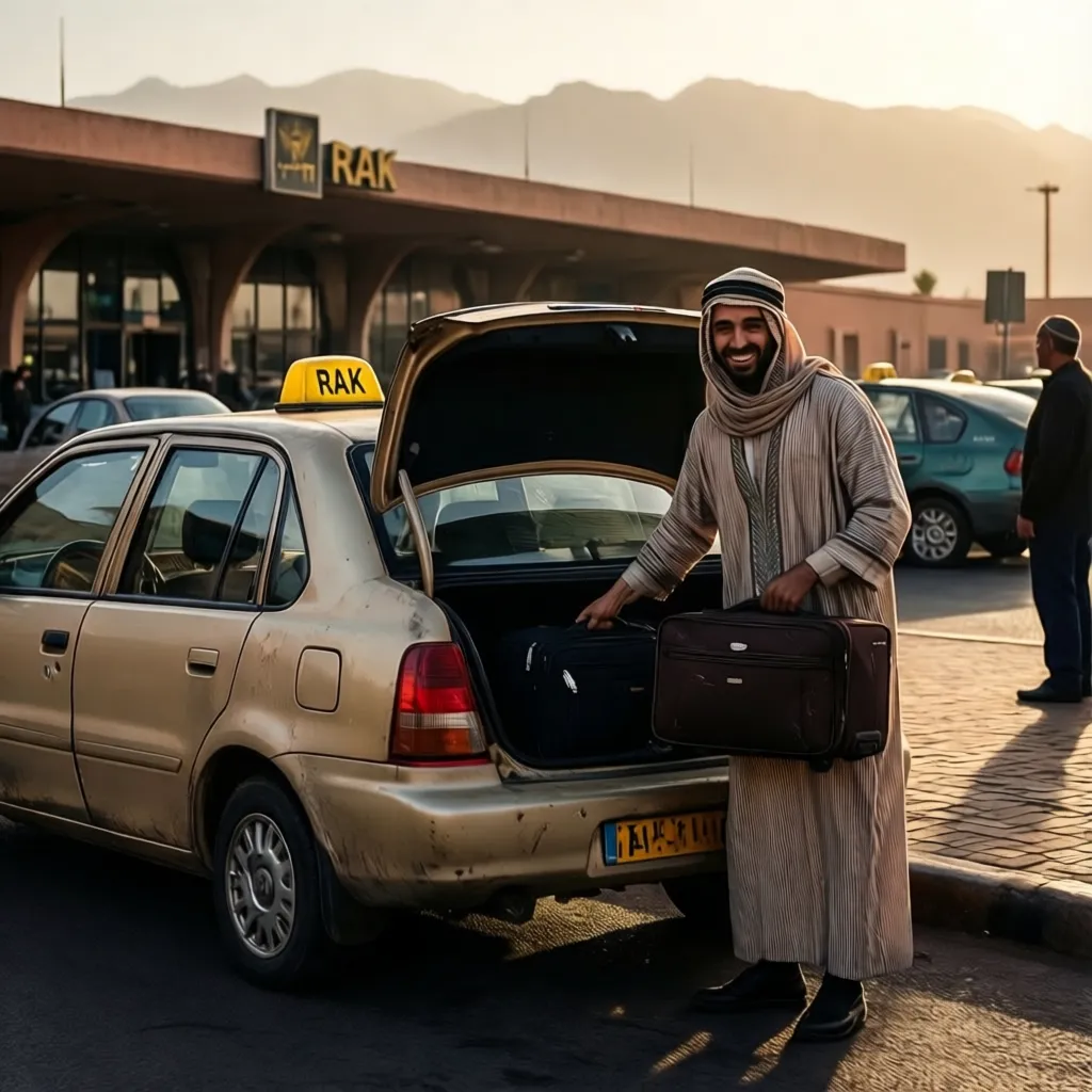 Official beige petit taxi at RAK airport rank loading luggage at golden hour