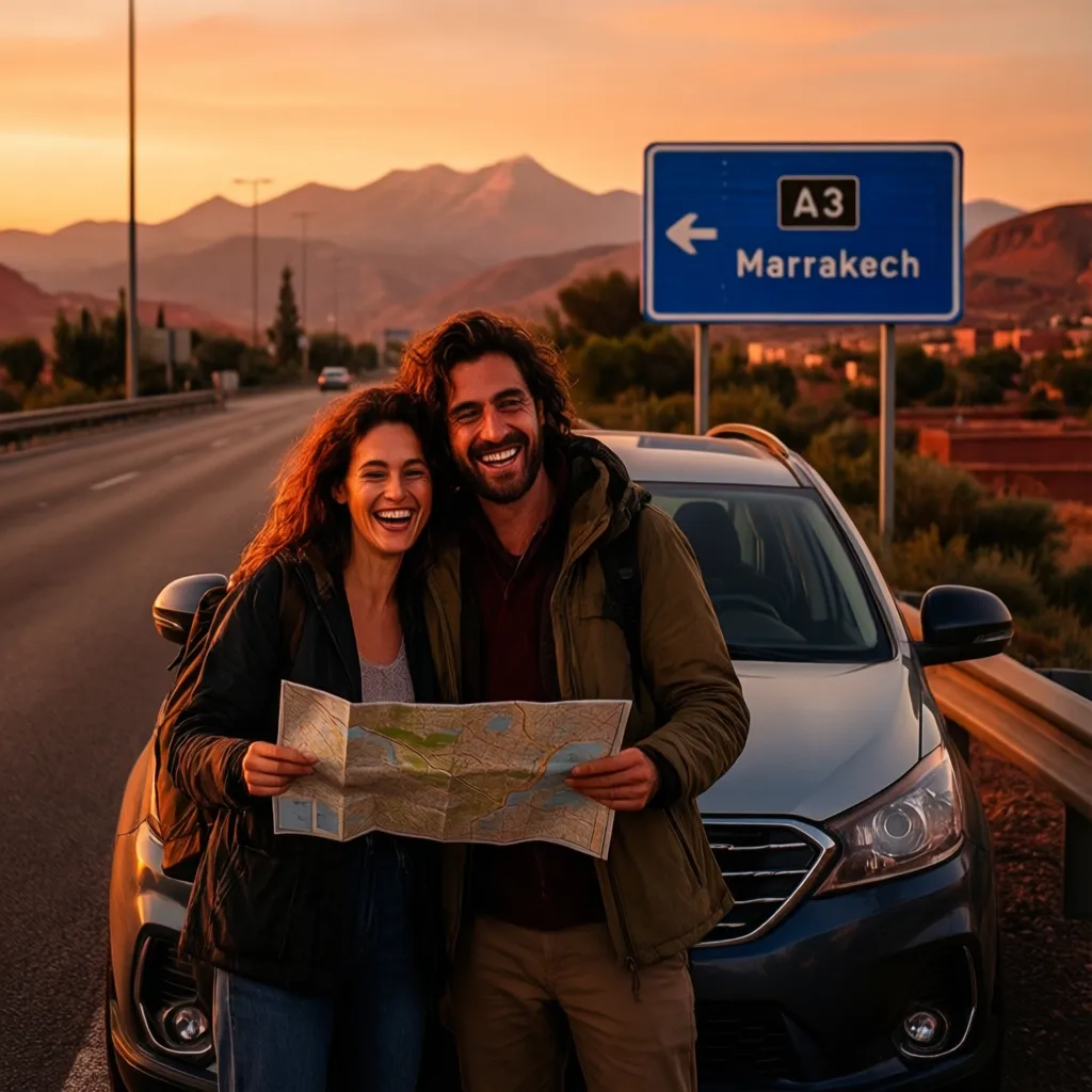 Rental car on the A3 highway between Casablanca and Marrakech with Atlas Mountains ahead