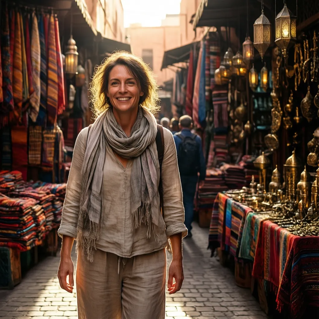 Traveler in modest linen clothing and a scarf navigating the souks in Marrakech