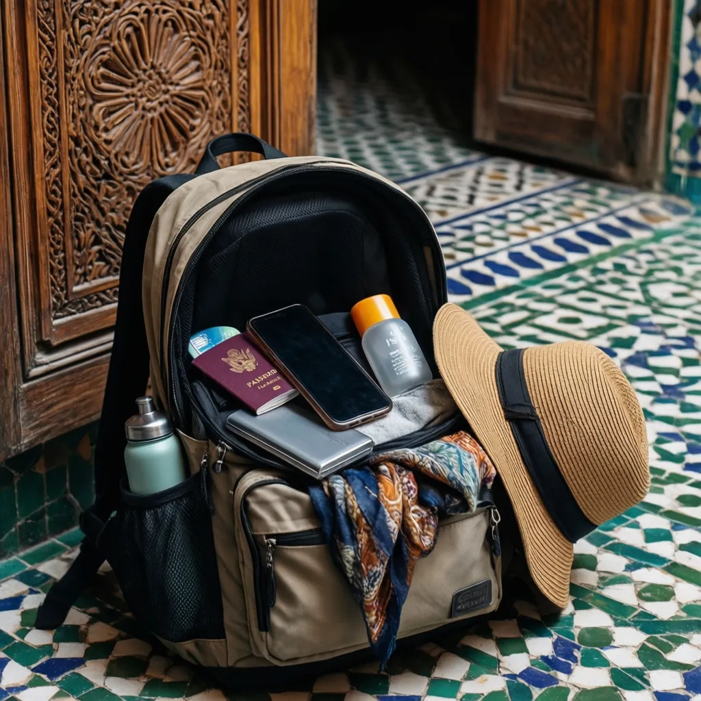 Marrakech day bag essentials: passport, sunscreen, hat, scarf, and power bank