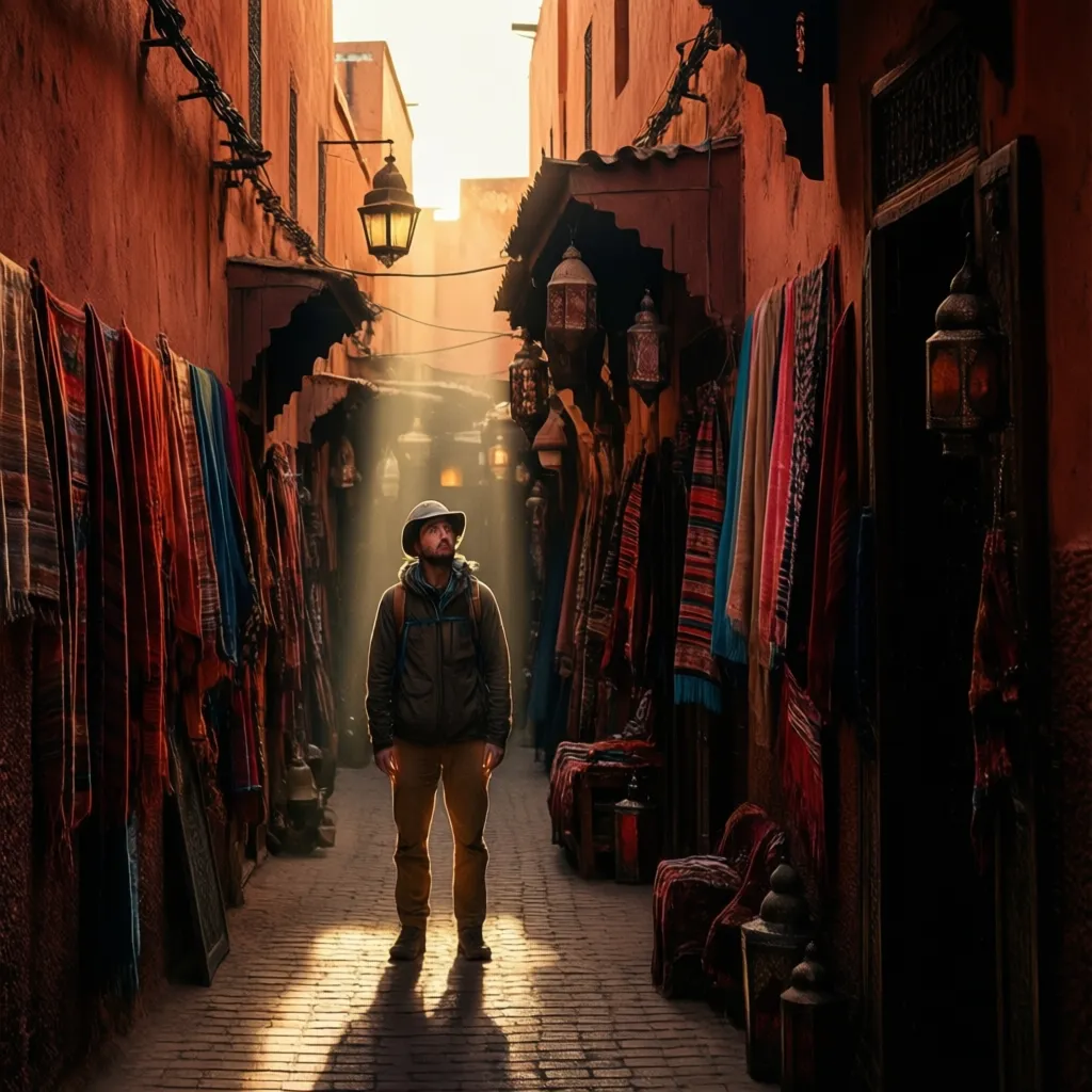 Solo traveler exploring Marrakech medina alleyways at golden hour immersed in vibrant chaos of souks