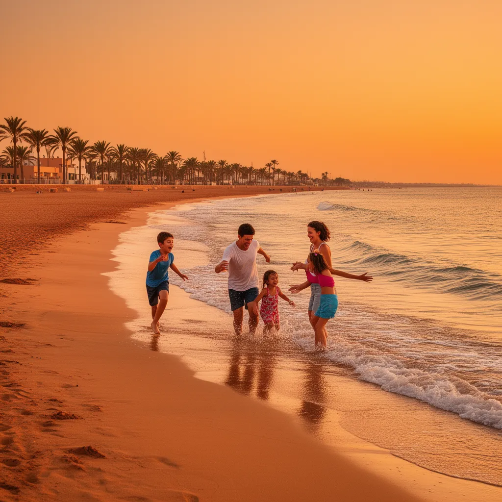 Family enjoying Agadir beach at sunset with golden sand and calm Atlantic waves