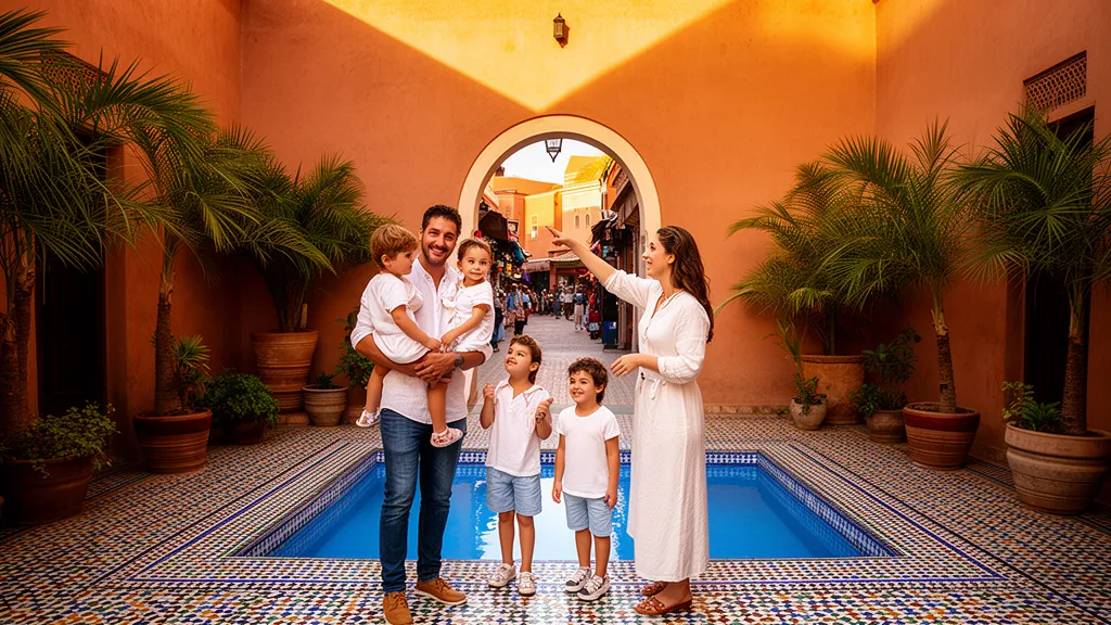 Family exploring a traditional riad courtyard in Marrakech with kids during golden hour