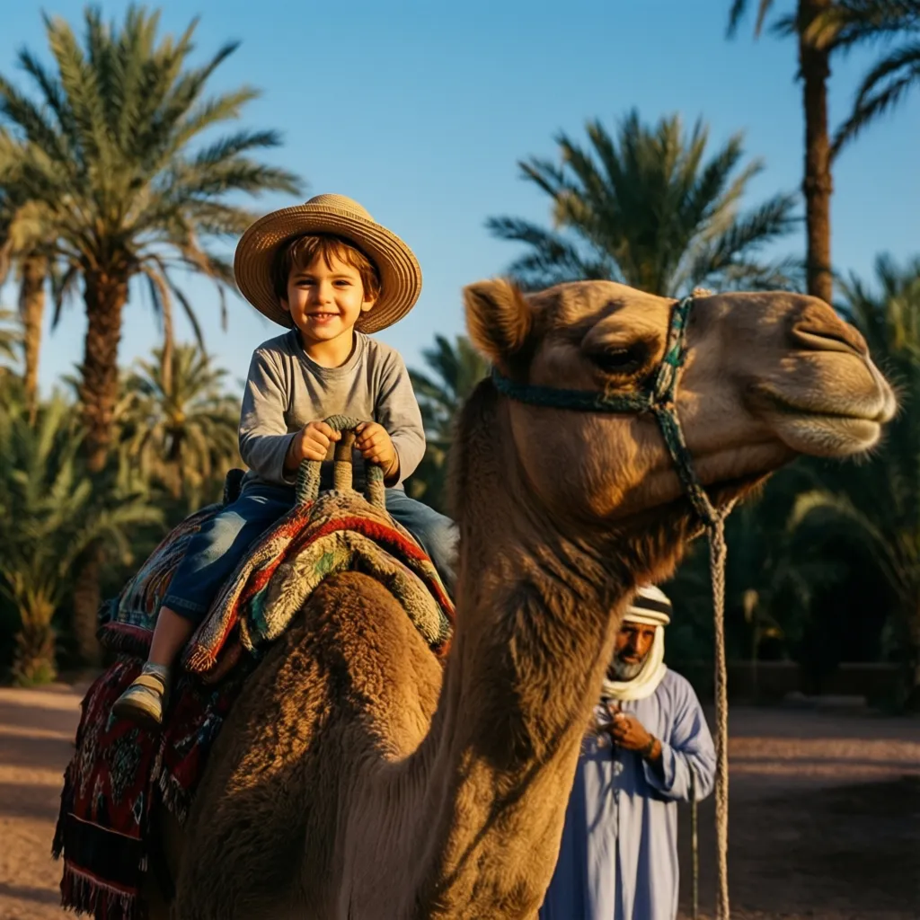 Child enjoying a camel ride in the Palmeraie oasis near Marrakech
