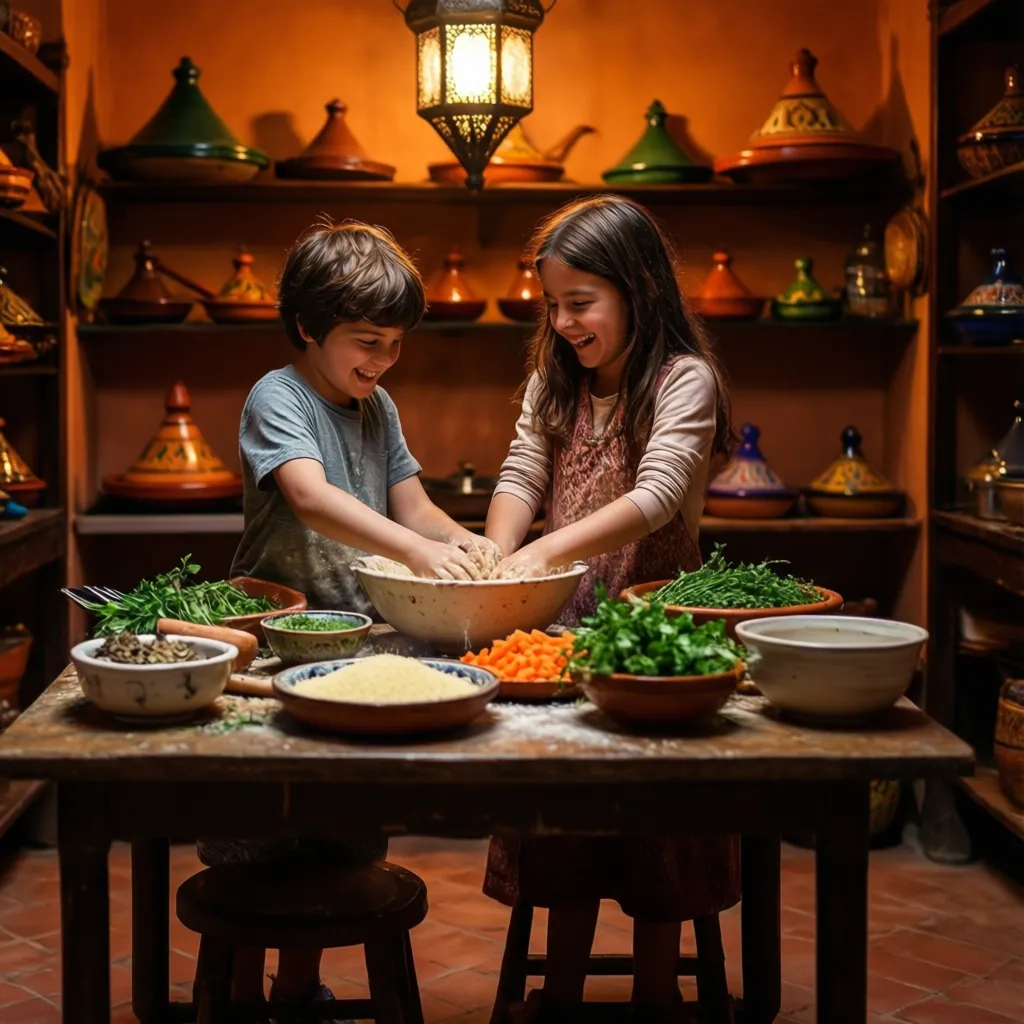 Children learning to make couscous in a family-friendly cooking class in Marrakech