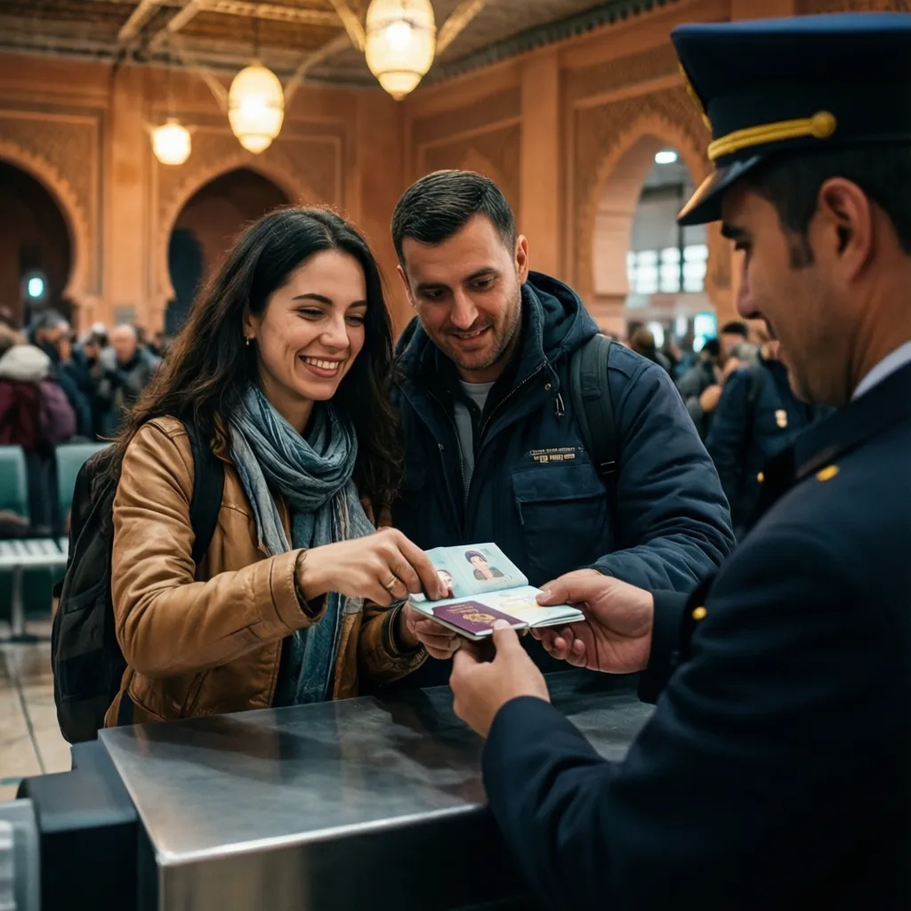 Couple receiving entry stamp at Marrakech airport visa-free travel for US and UK citizens