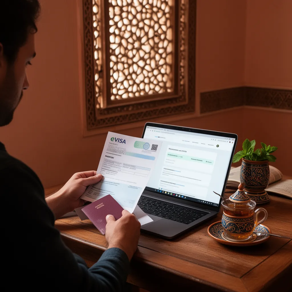 Traveler applying for Morocco eVisa on laptop in traditional riad step-by-step guide