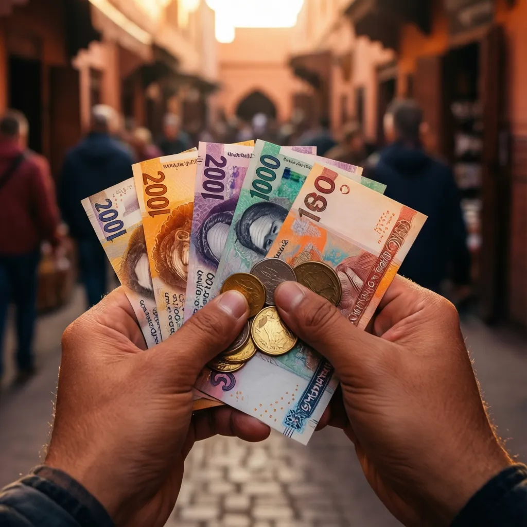 Moroccan dirham banknotes and coins, the official currency in Marrakech