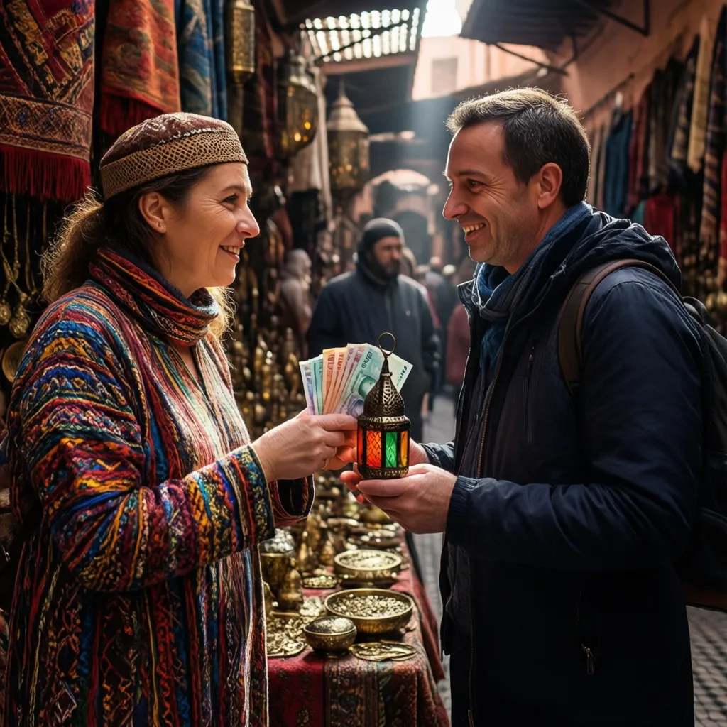 Using small dirham notes for haggling in a Marrakech souk