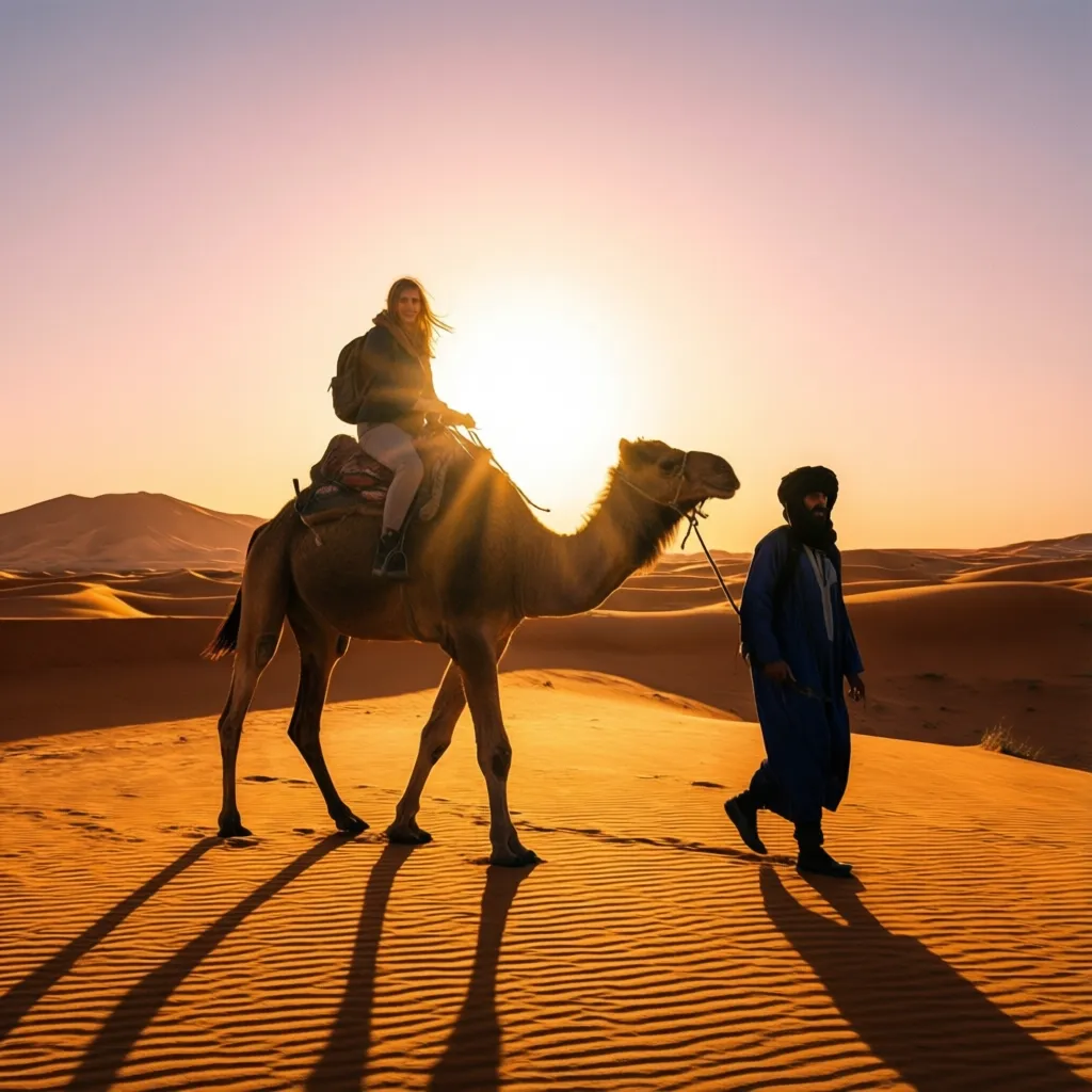 Sahara desert camel trek at sunset over the Erg Chebbi dunes near Merzouga, Morocco