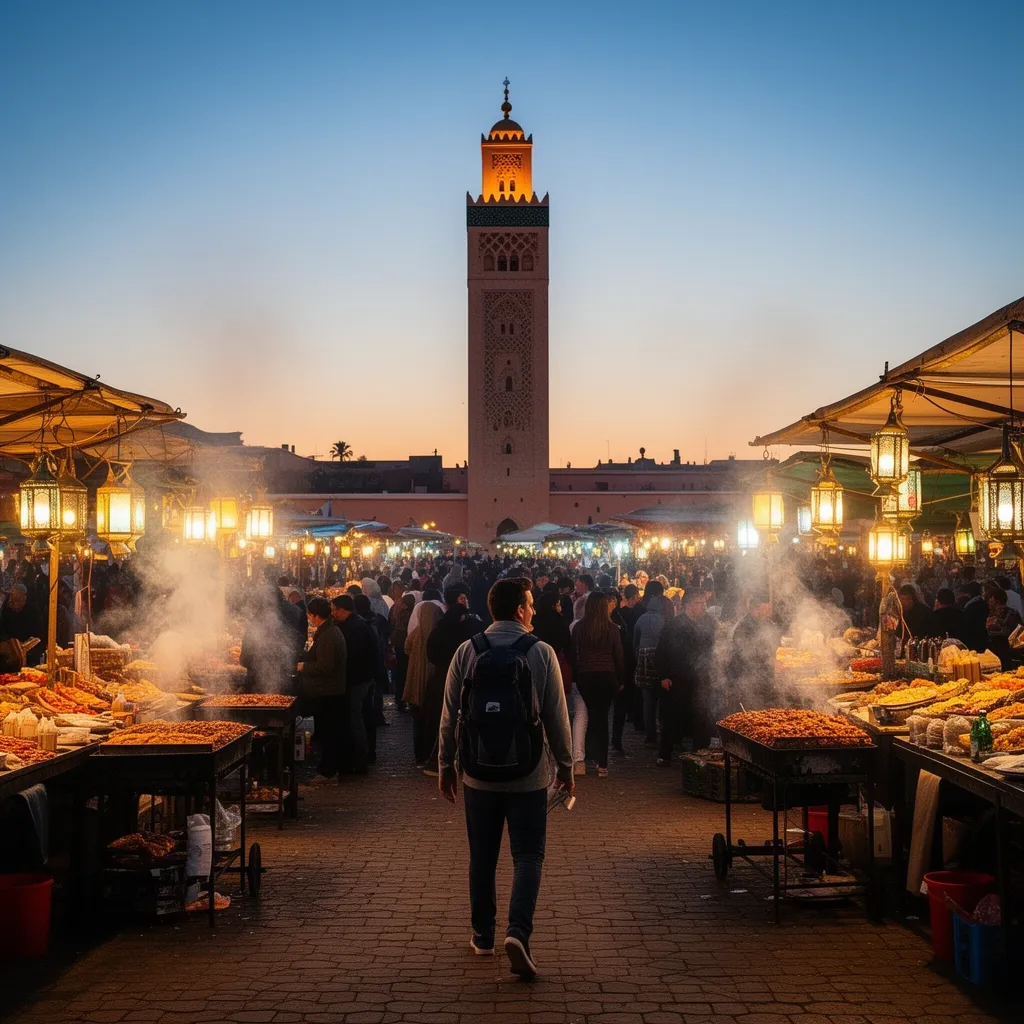 Jemaa el-Fnaa square in Marrakech at dusk with food stalls and crowds top 3 places to visit in Morocco experience
