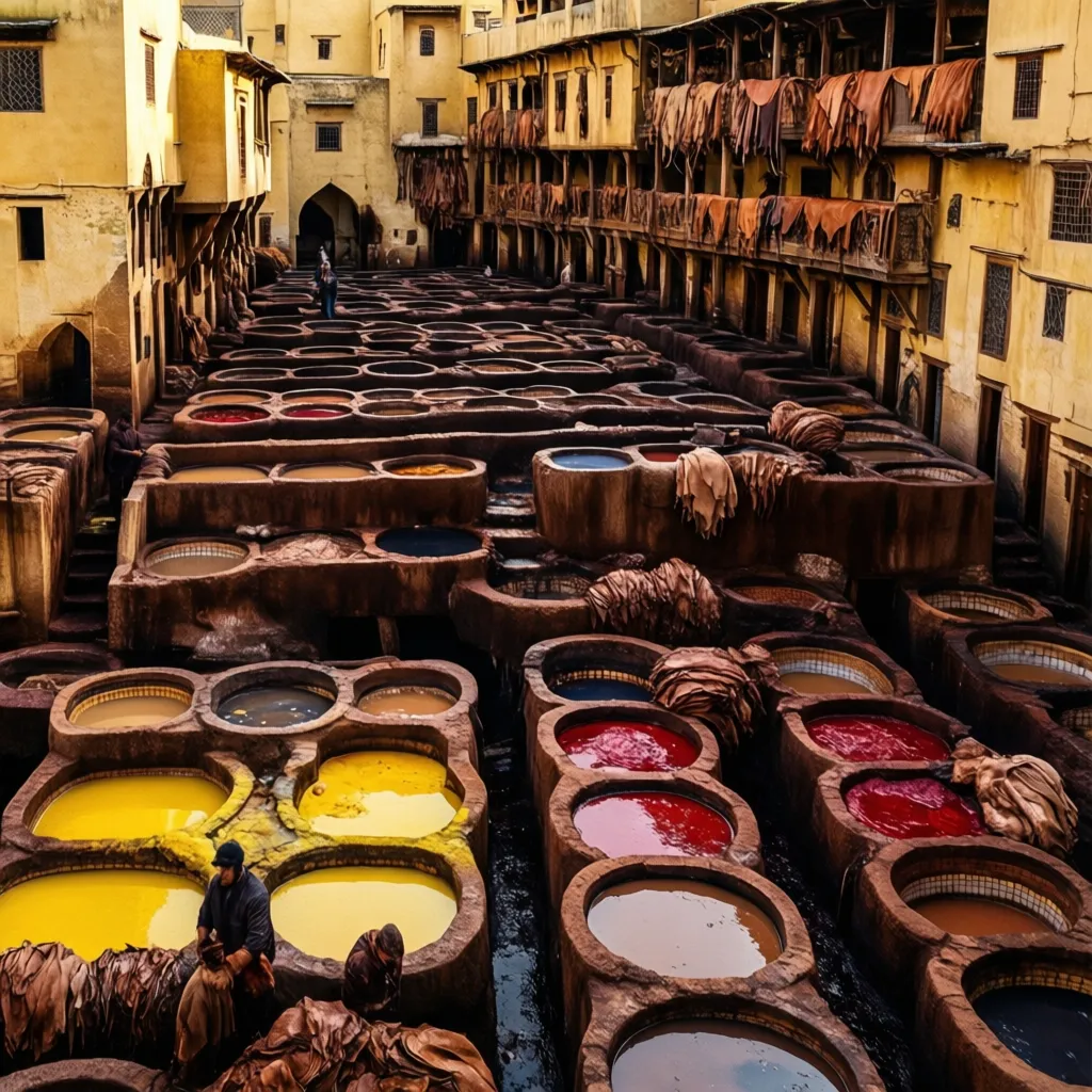 Fes Chouara Tannery in Morocco ancient leather dyeing vats with vibrant colors top 3 places to visit in Morocco for authentic history