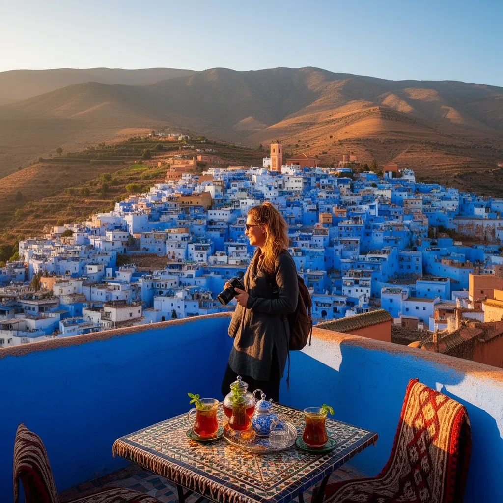 Chefchaouen blue city view from rooftop with Rif Mountains at sunset top 3 places to visit in Morocco for photography and relaxation