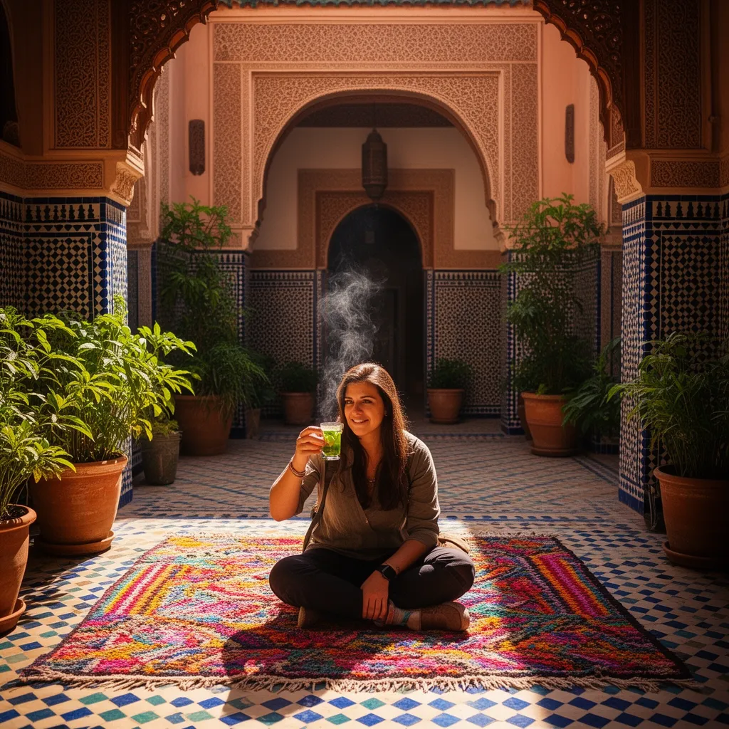 Where to go in Morocco for first timers: traveler sips mint tea in a traditional Marrakech riad courtyard, Morocco for beginners