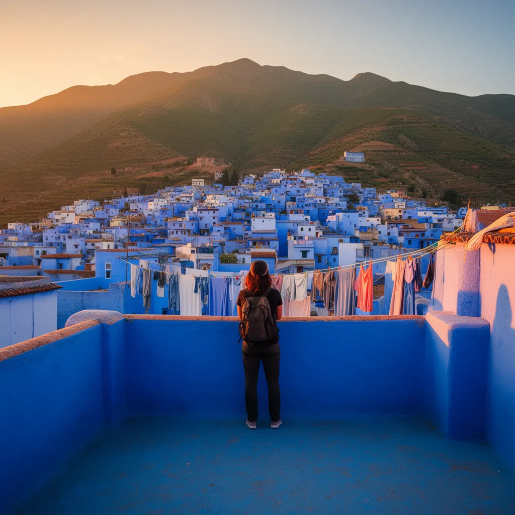 Nicest part of Morocco for first timers: Chefchaouen blue-washed streets and Rif Mountains at sunrise, stunning Morocco travel inspiration