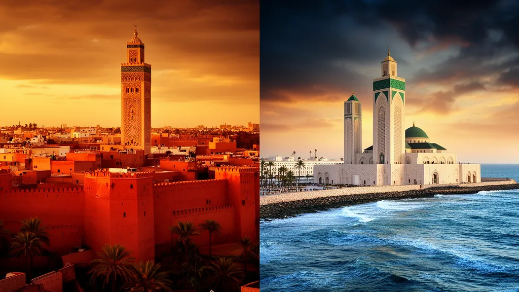 Marrakech vs Casablanca comparison: historic red city medina and Koutoubia Mosque at sunset alongside modern Hassan II Mosque in Casablanca, Morocco travel guide