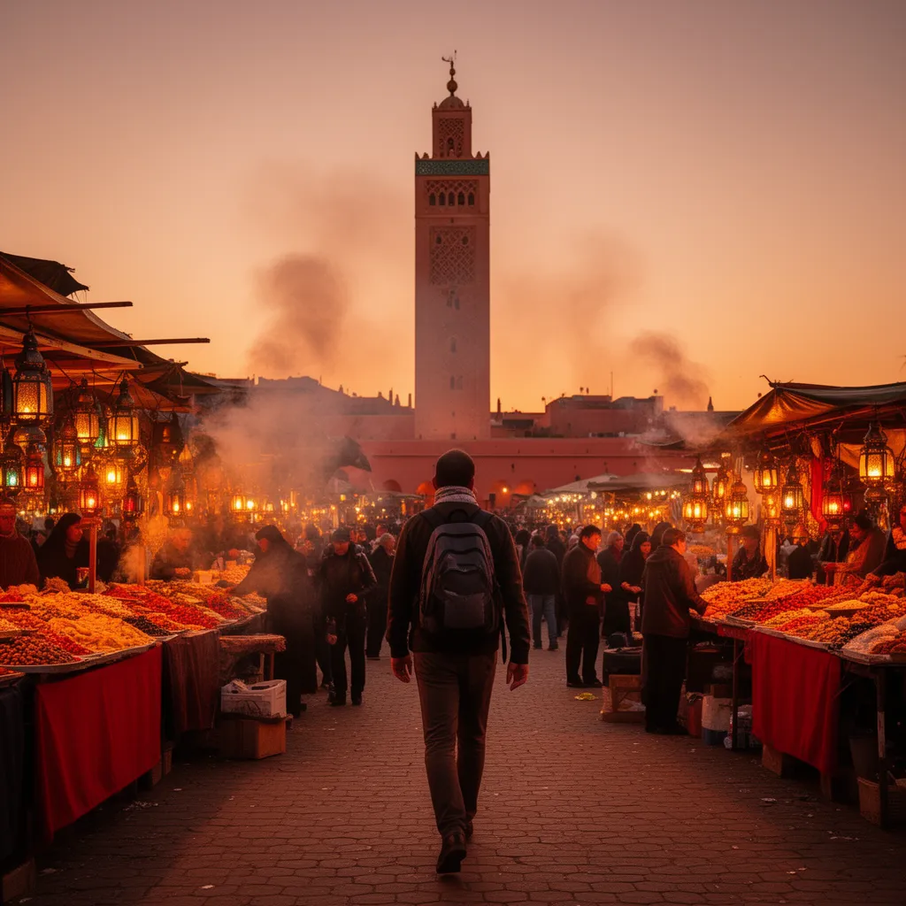 Traveler exploring Jemaa el-Fna square at sunset in Marrakech medina with Koutoubia Mosque backdrop, traditional Moroccan street food and vibrant atmosphere