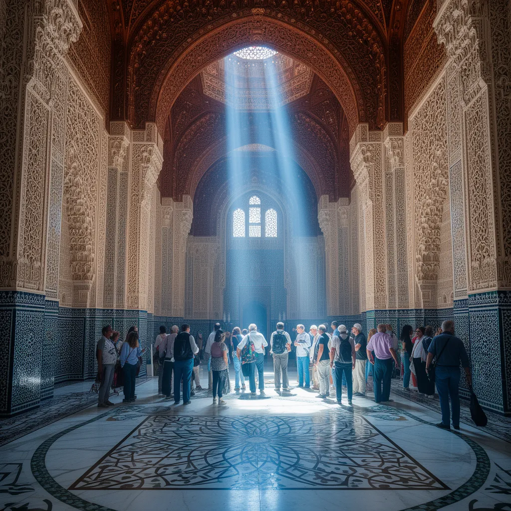 Interior of Hassan II Mosque in Casablanca showcasing intricate Moroccan tilework and marble floors, guided tour for tourists visiting modern Morocco