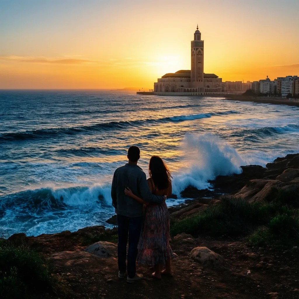 Couple watching sunset over Atlantic Ocean in Casablanca with Hassan II Mosque silhouette and Corniche promenade, inspiring Morocco coastal travel
