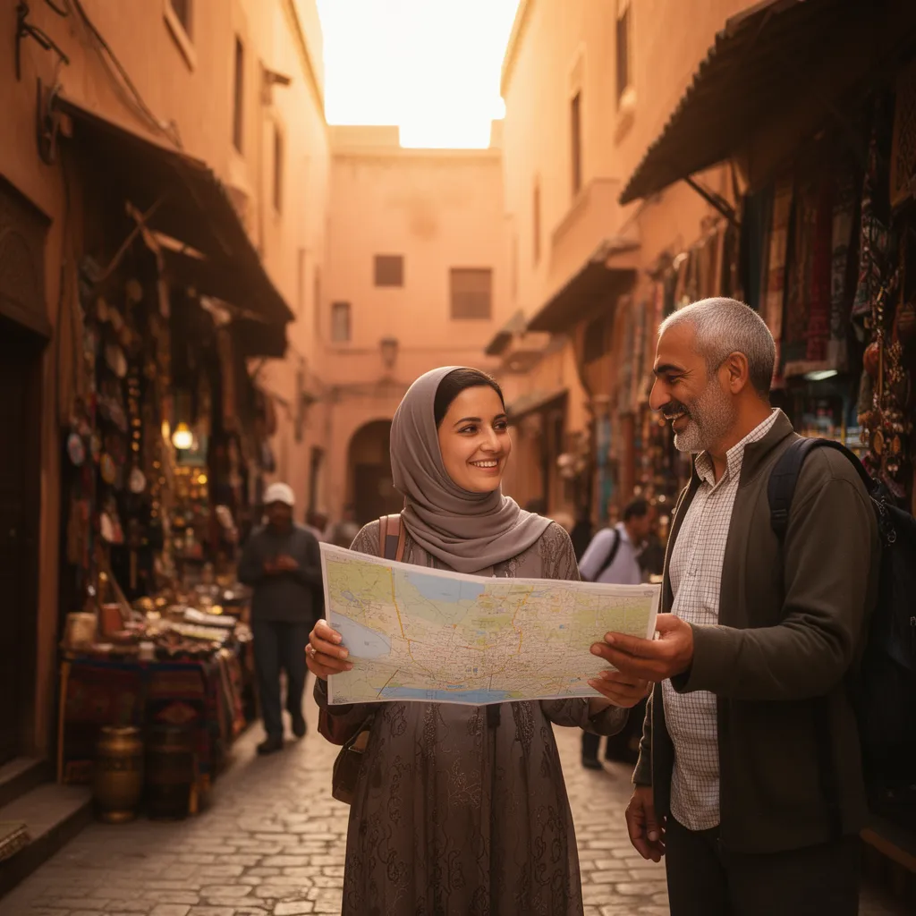 Solo female American traveler safely navigating Fes medina with local guidance