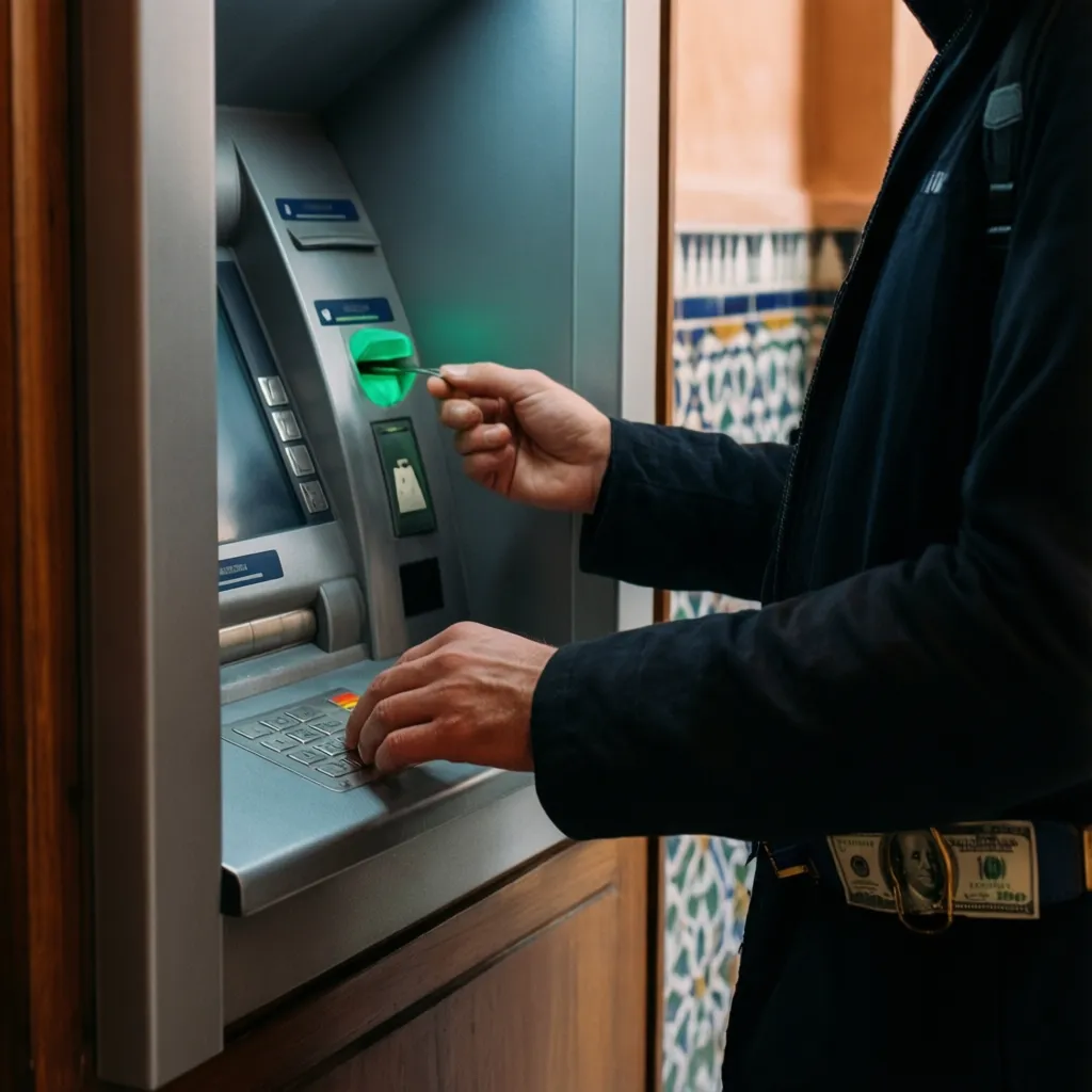 American tourist using hotel ATM safely in Marrakech to avoid scams