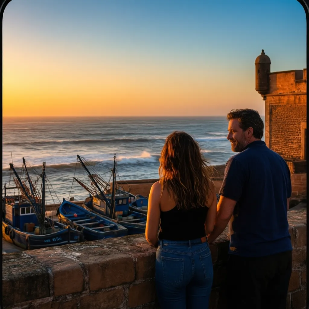American couple enjoying sunset at Essaouira safe Moroccan coastal town
