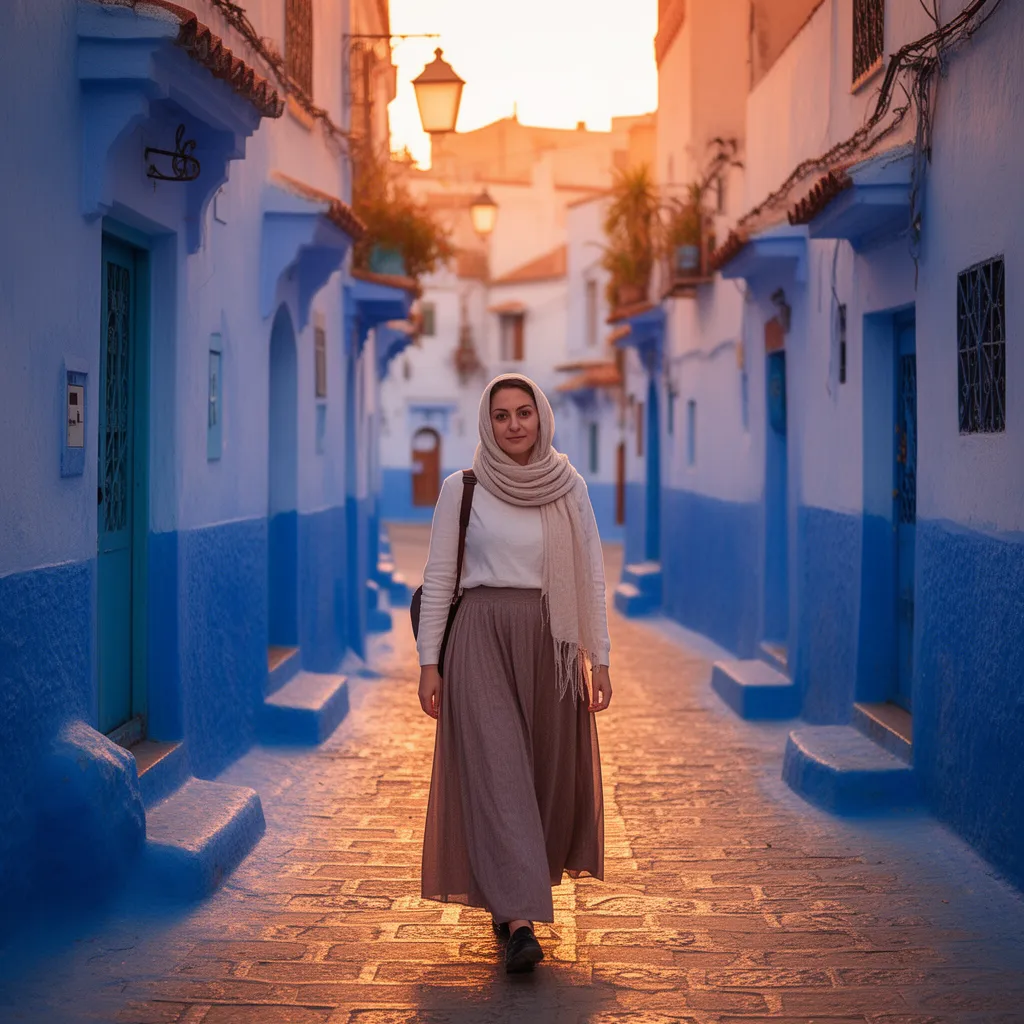 Morocco travel etiquette - tourist wearing modest clothing exploring Chefchaouen medina, respecting cultural rules for a positive travel experience, blue city