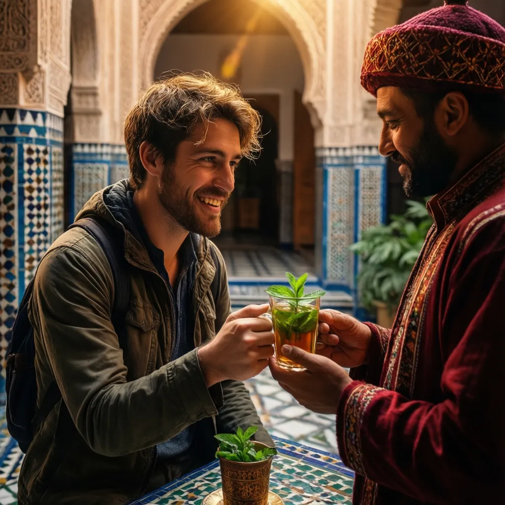 Morocco travel etiquette - tourist accepting mint tea from Moroccan host, cultural hospitality, respectful travel in Morocco, riad experience