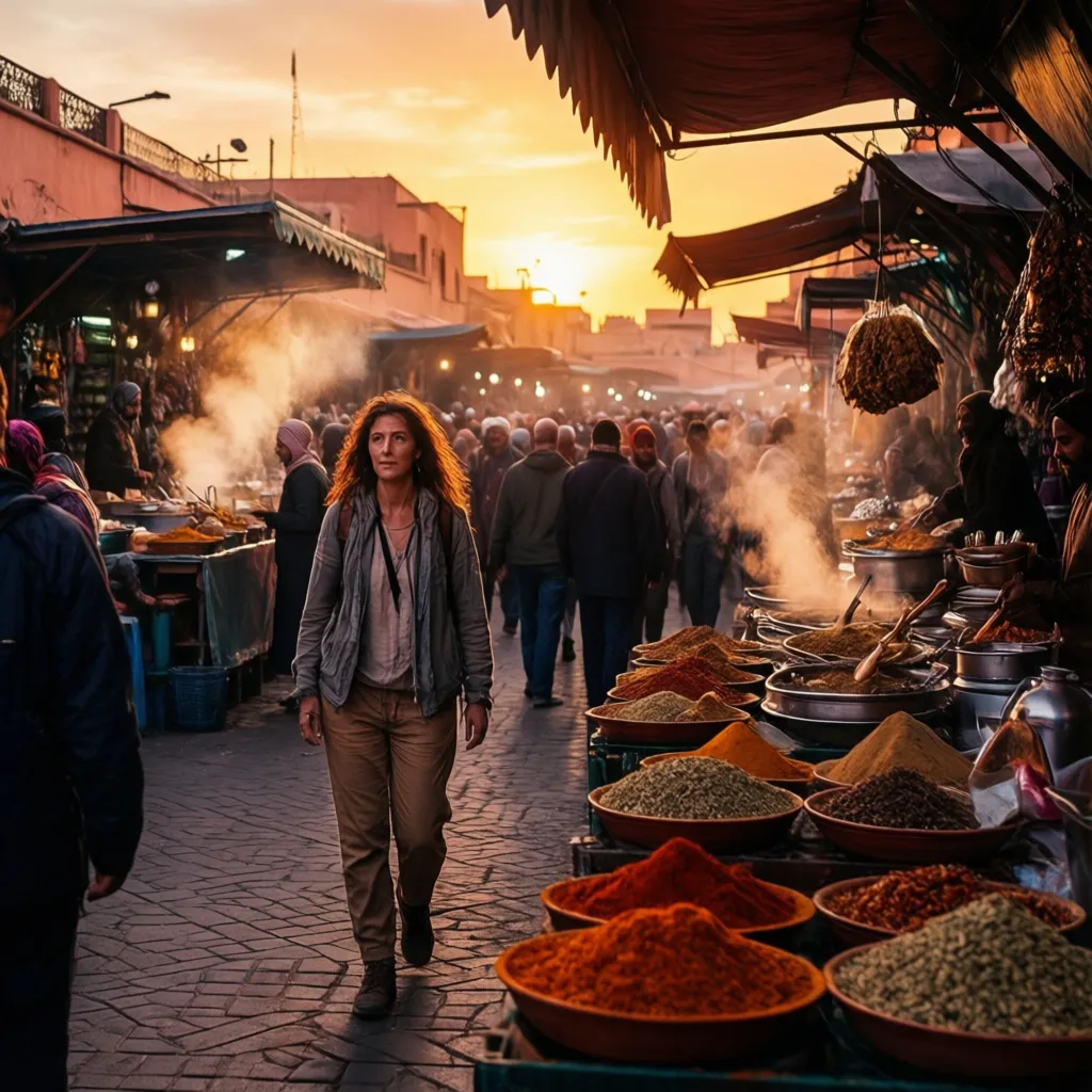 Solo female travel Morocco safety: woman exploring Marrakech Jemaa el-Fnaa square at sunset, highlighting Morocco as safe destination vs Egypt for solo travelers