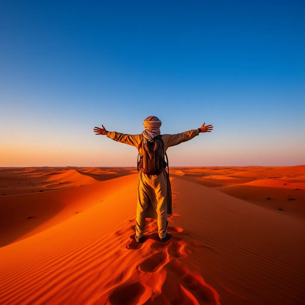 Morocco vs Egypt decision: traveler in Sahara desert Merzouga at sunrise, inspiring CTA for booking Morocco travel experience over Egypt