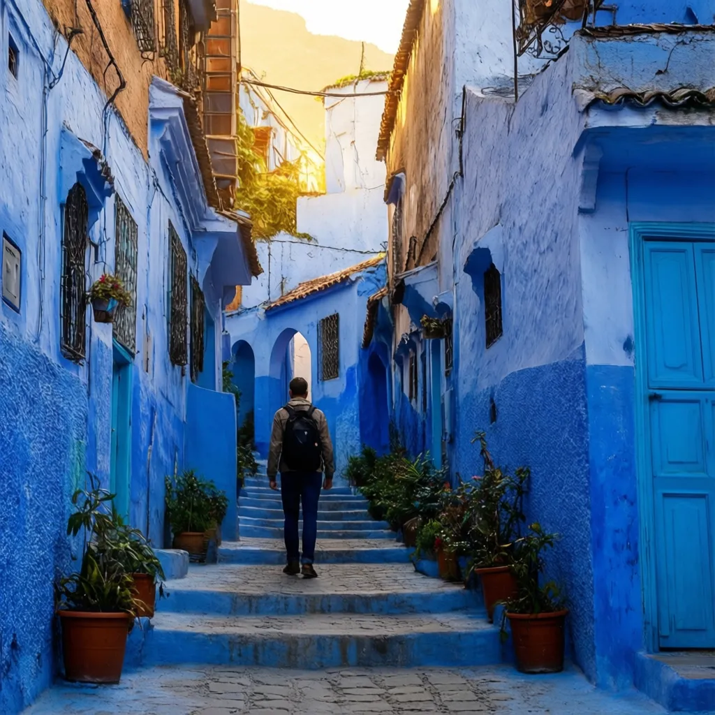 Solo traveller exploring the blue streets of Chefchaouen's medina in the Rif Mountains