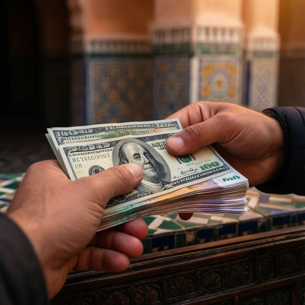 How far $100 goes in Morocco — US dollars exchanged for Moroccan dirhams at a bureau in Marrakech medina