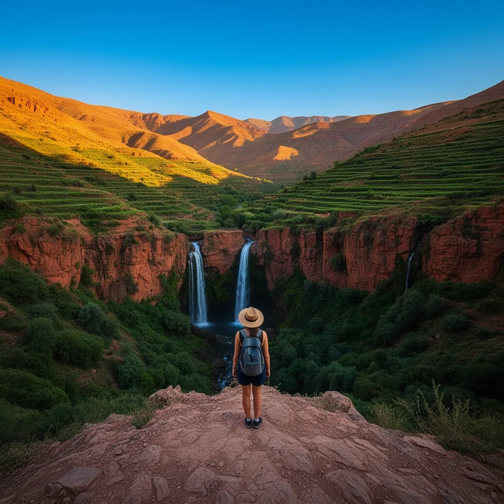 Solo traveler overlooking Ourika Valley waterfalls, one of the most popular Morocco Atlas Mountains travel destinations