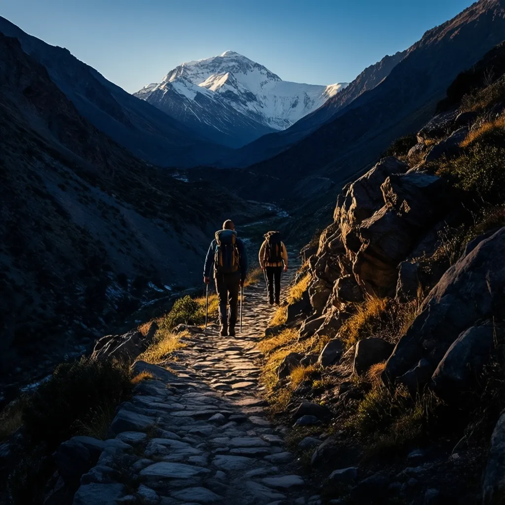 Hikers on a rocky trail near Imlil with snow-capped Toubkal peak in background