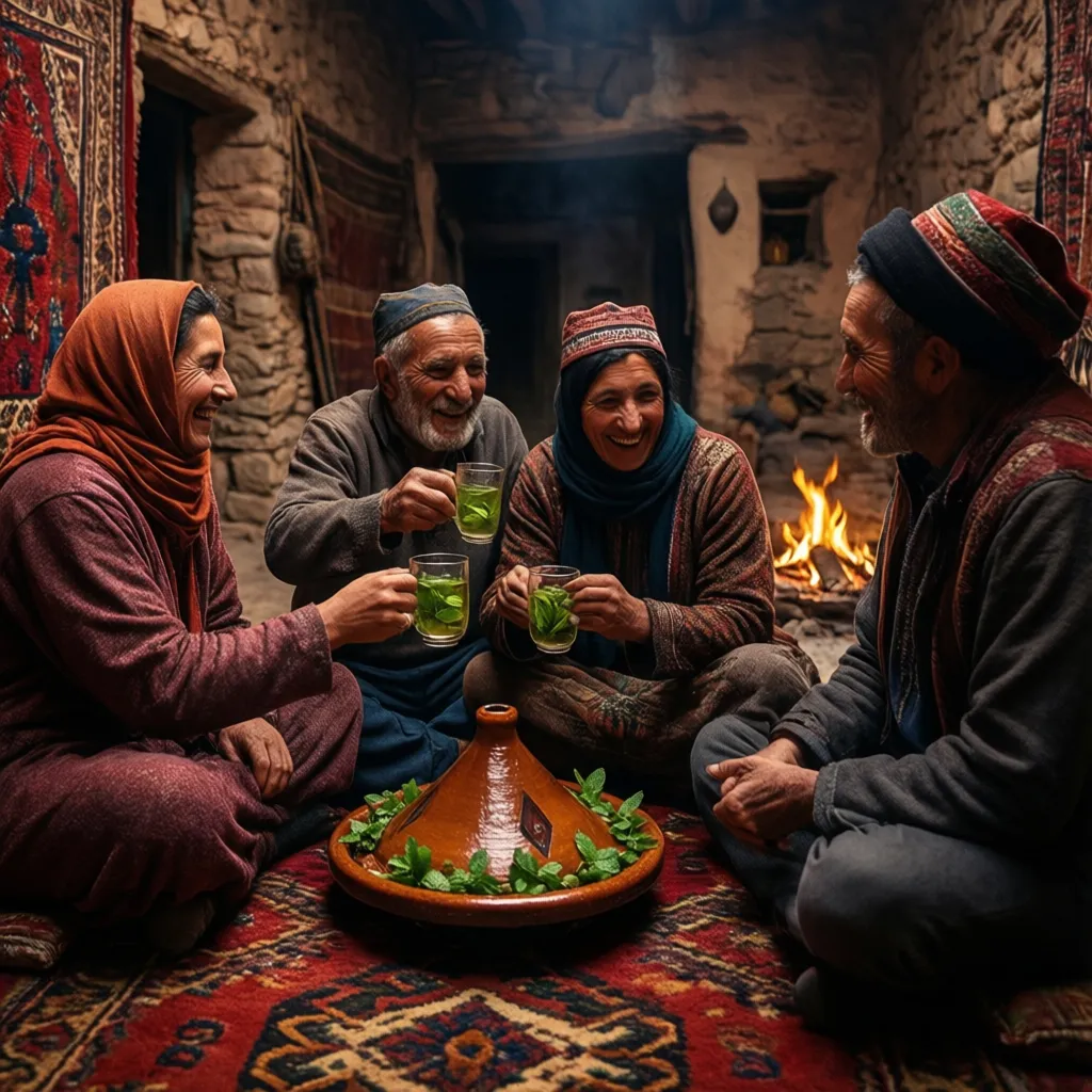 Berber family serving mint tea and tagine in Ait Bougmez Happy Valley