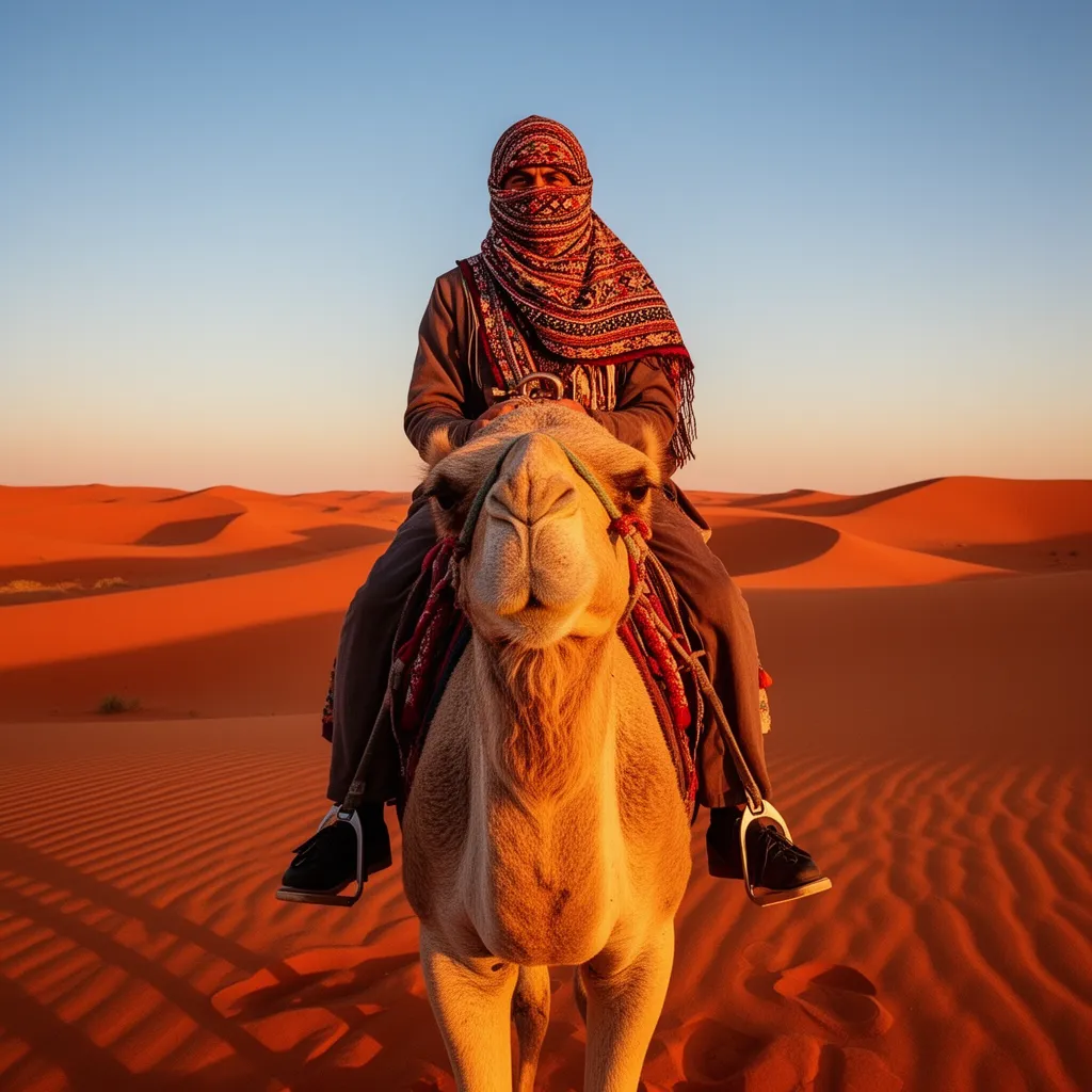 Traveler on a camel at sunset in the Erg Chebbi dunes on a Sahara desert tour in Morocco