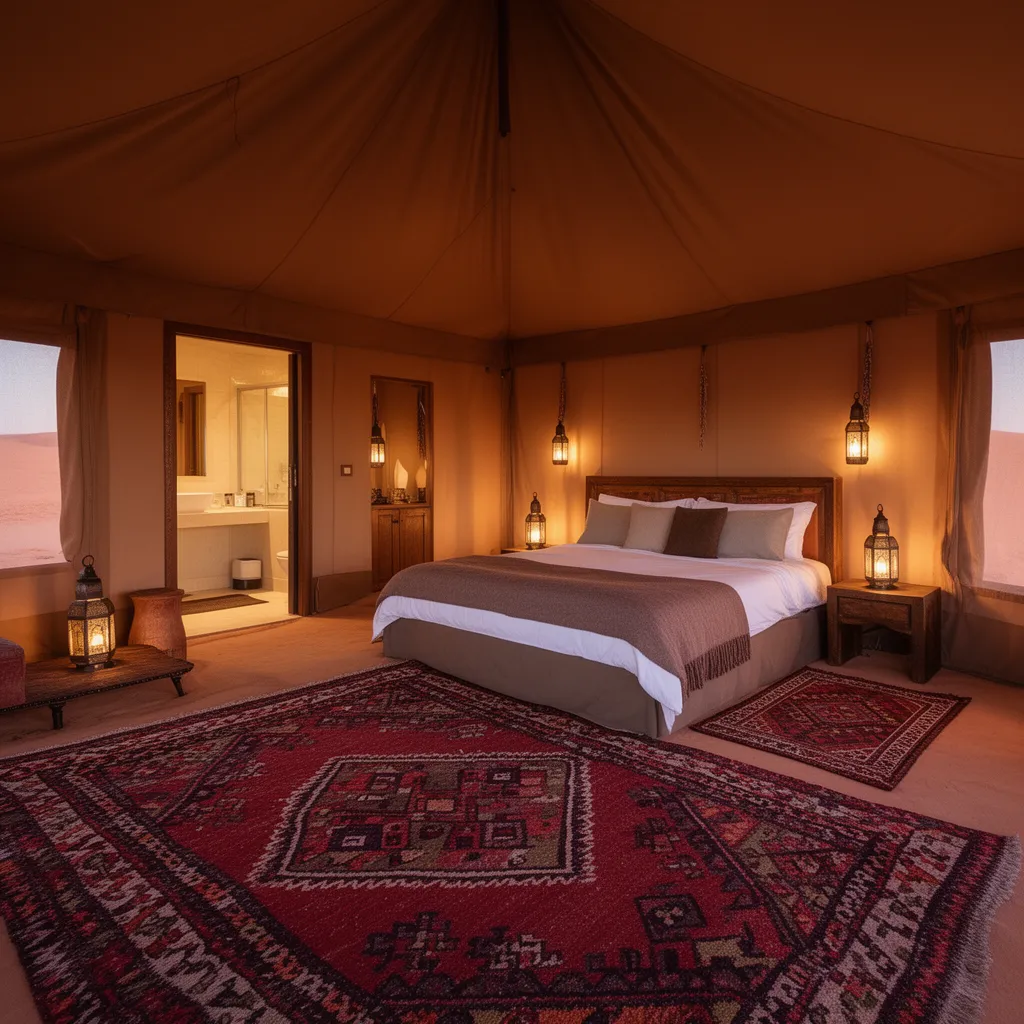Luxury desert camp tent interior on a Sahara desert tour in Morocco with a real bed and private bathroom