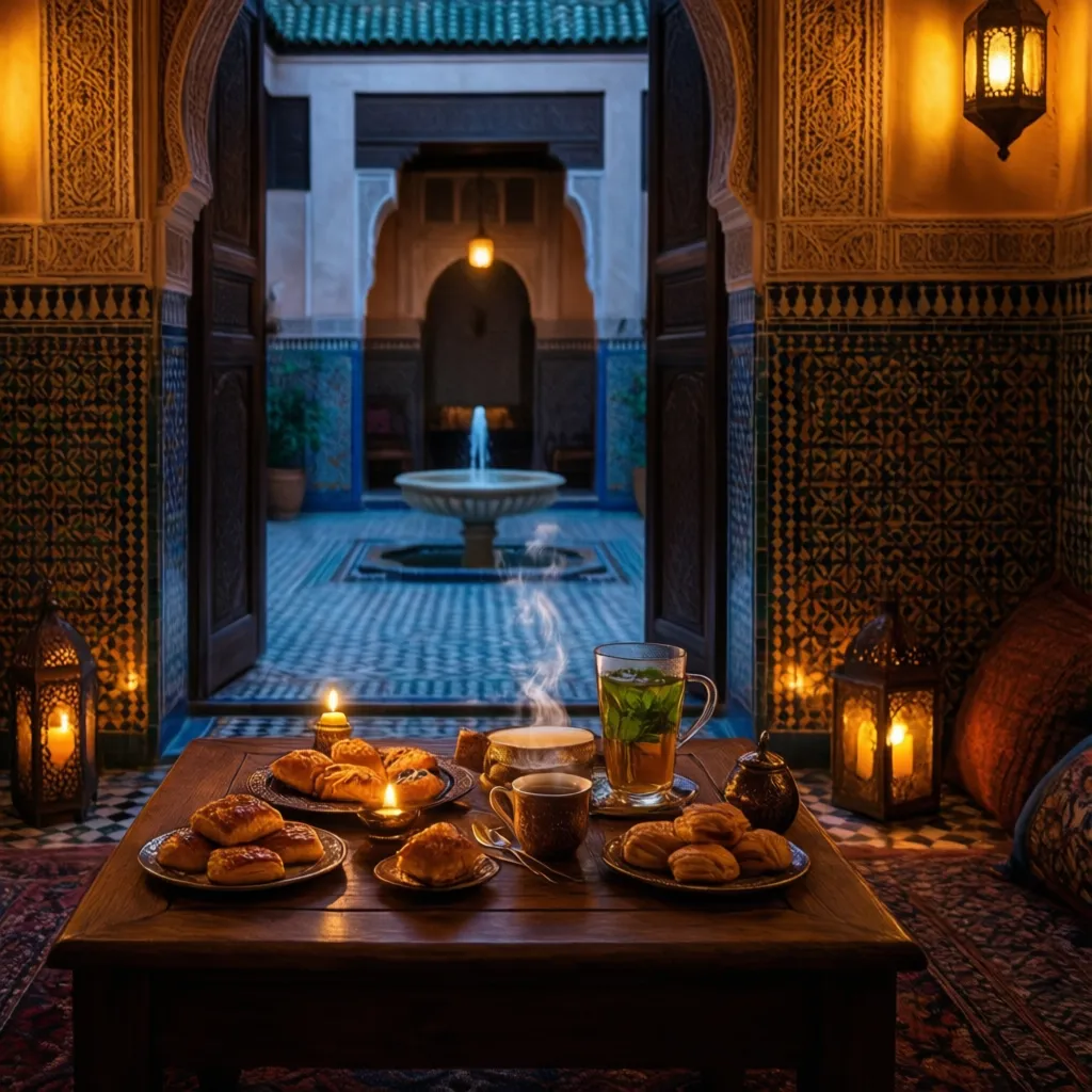 Luxury riad Marrakech interior courtyard with mint tea and candlelight