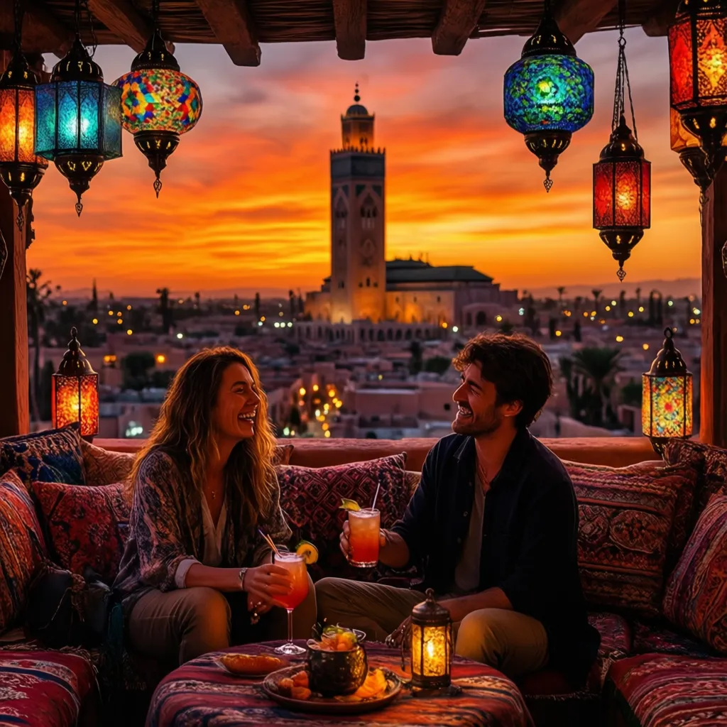 El Fenn Marrakech rooftop at sunset with Koutoubia mosque in view