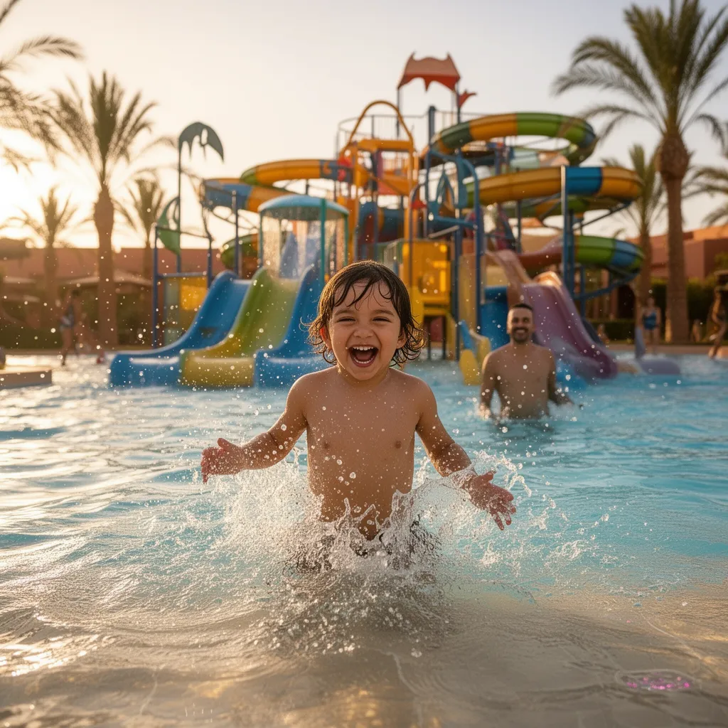 Child enjoying a water park at an all-inclusive resort in Marrakech