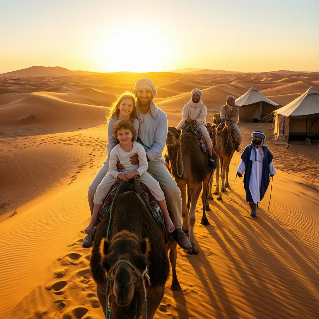 Family on a camel trek across the Erg Chebbi dunes near Merzouga