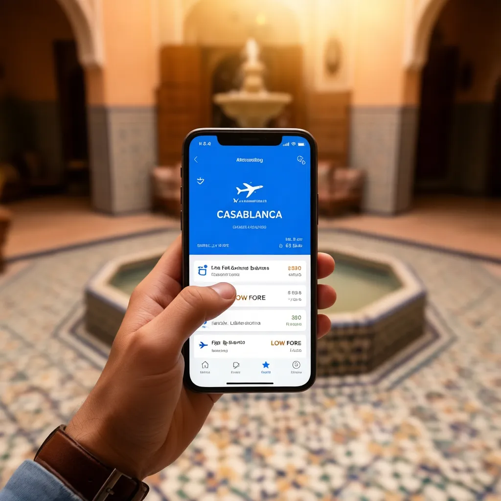 Traveler booking cheap flights to Casablanca on a smartphone in a Marrakech riad courtyard with zellige tiles